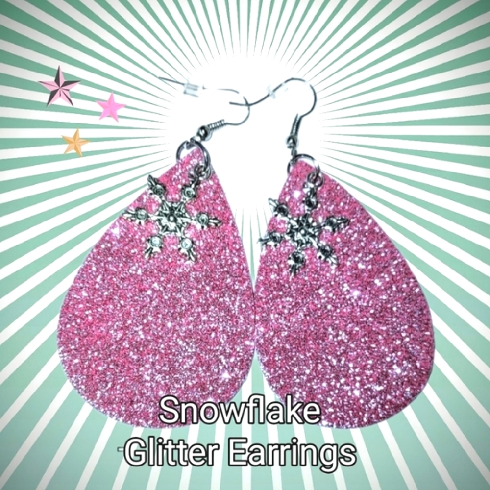 Pink Glitter Leatherette Teardrop Cut Earrings - You Choose Theme